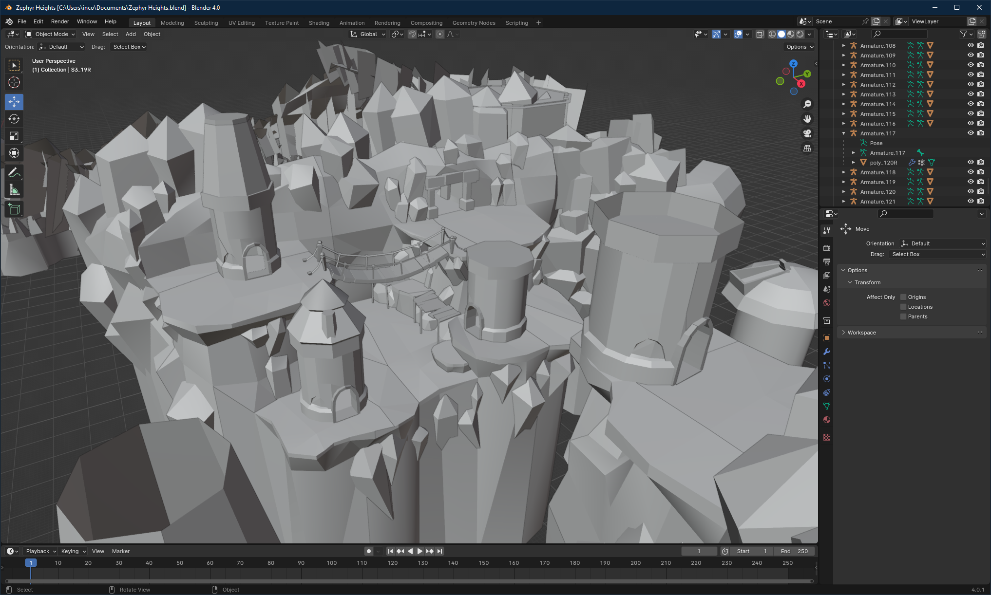A screenshot of Blender, with models from Zephyr Heights loaded.