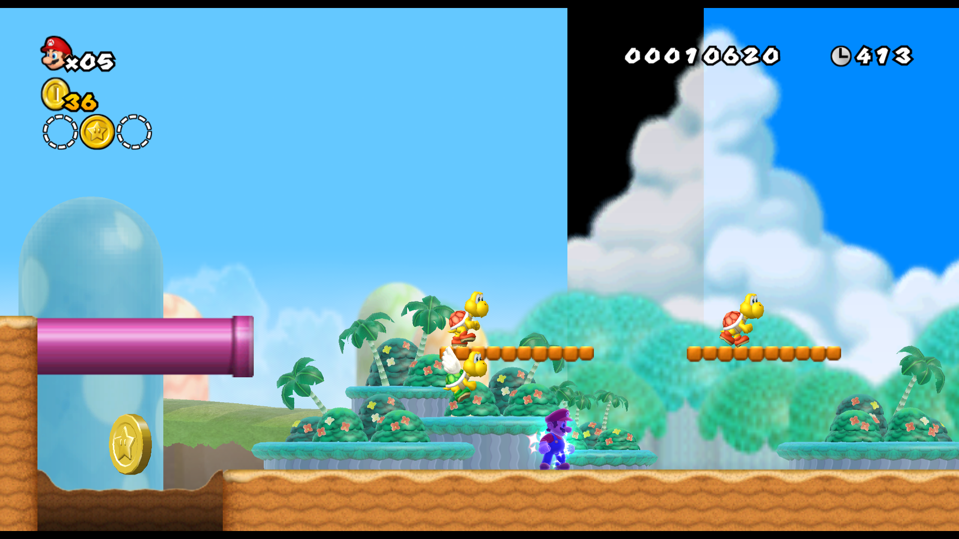 New Super Mario Bros. Wii level with an overworld background cutting off into a black line with a new background starting past it.