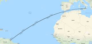 straight line from Italy to Venezuela ...