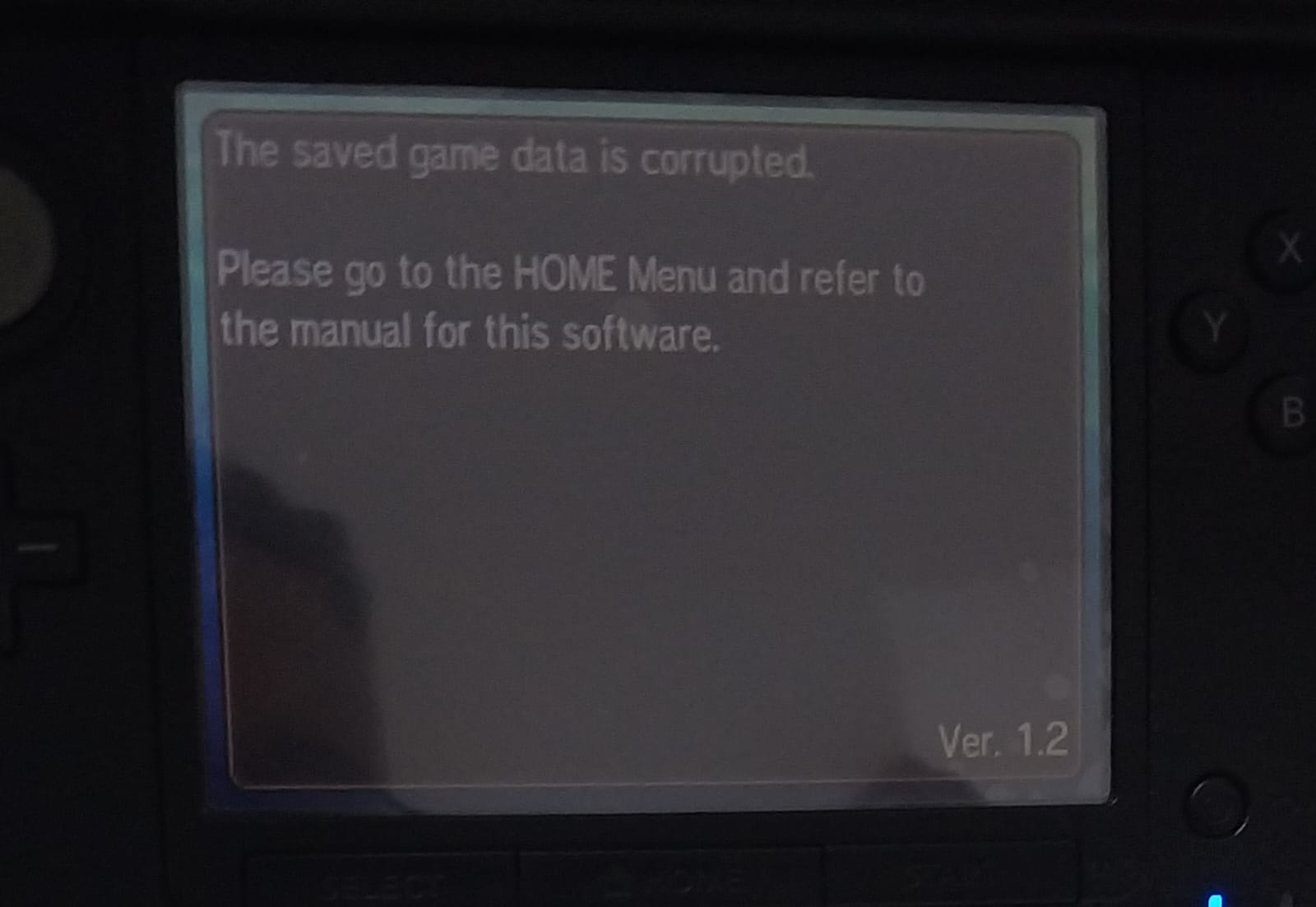 The saved game data is corrupted. Please go to the HOME Menu and refer to the manual for this software.