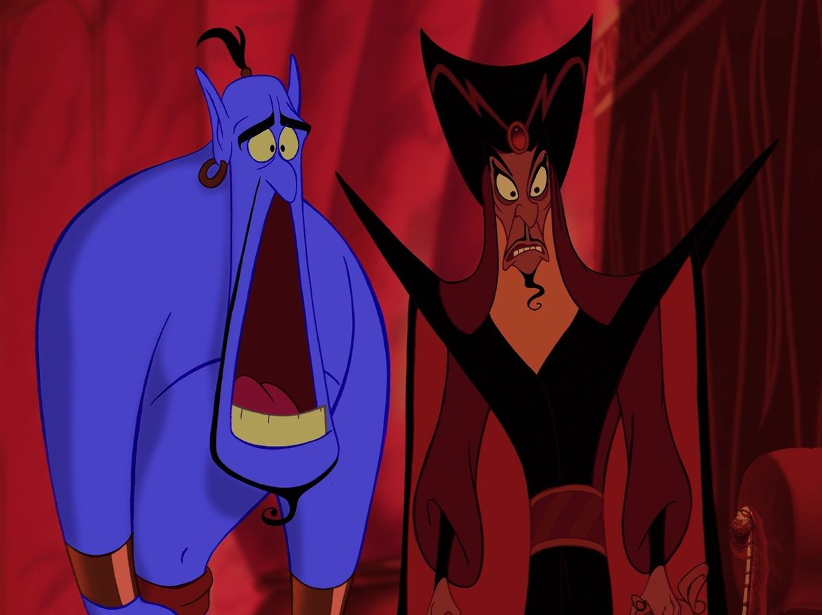 Genie and Jafar look shocked at the viewer, with Genie doing a comically long jaw drop.