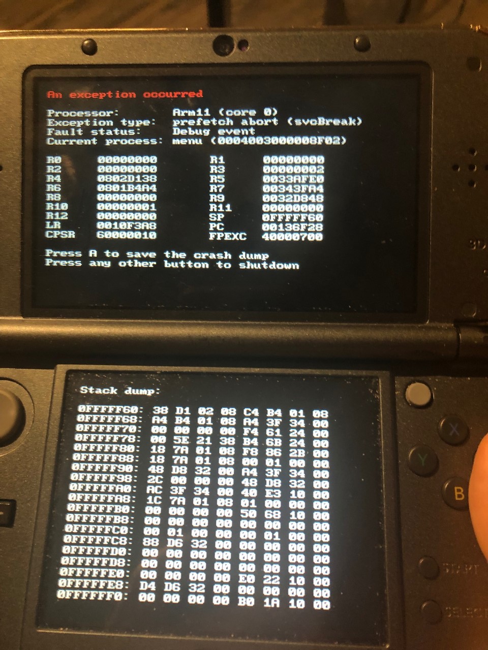 New Nintendo 3DS XL Arm11 Core 0 prefetch abort svcBreak | GBAtemp.net -  The Independent Video Game Community