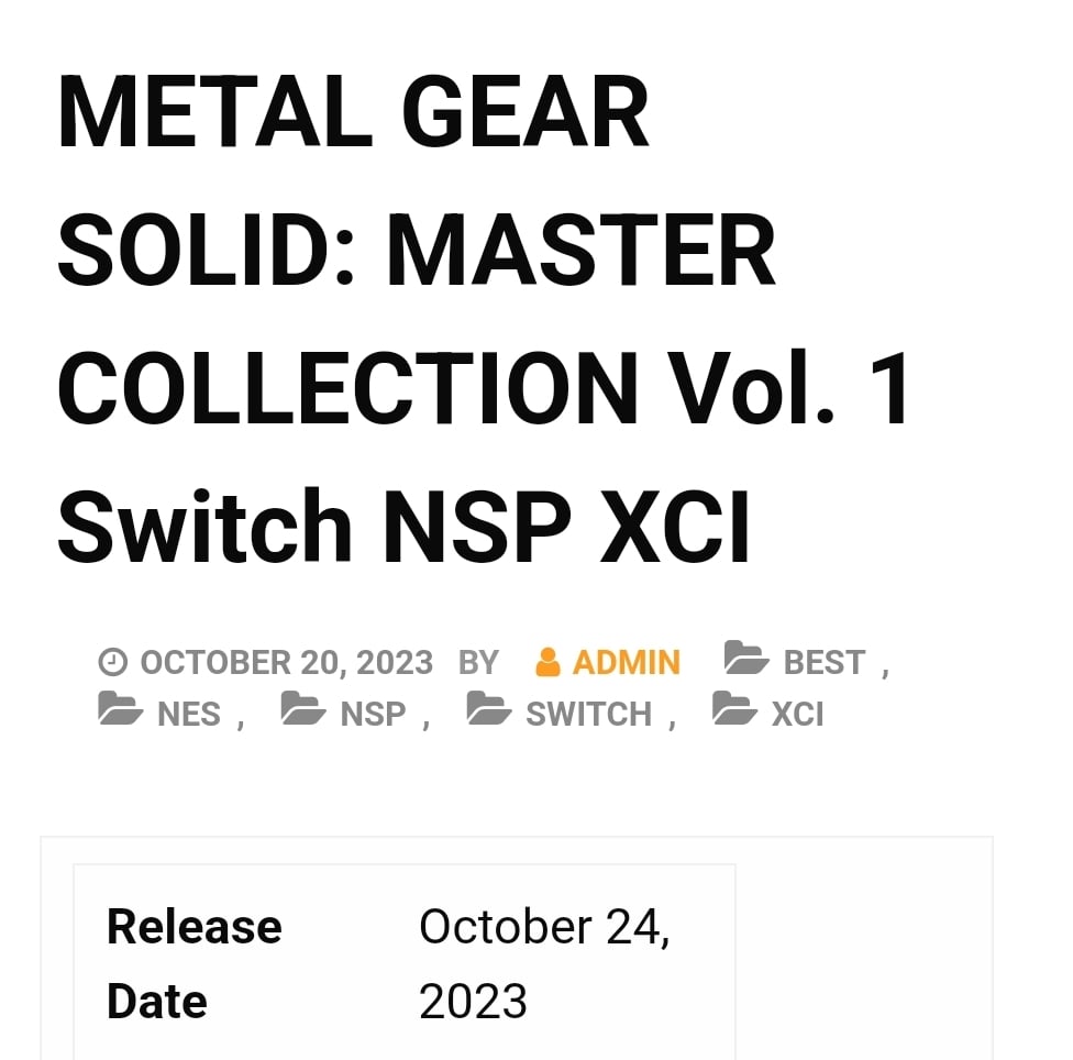 METAL GEAR SOLID: MASTER COLLECTION Vol. 1 Switch reportedly leaks ahead of  Oct 24th release date | GBAtemp.net - The Independent Video Game Community