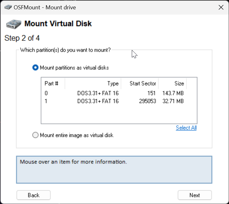 Screenshot of an OSFMount window, Mount Virtual Disk, showing the option of mounting individual partitions of a disk, or the entire disk.